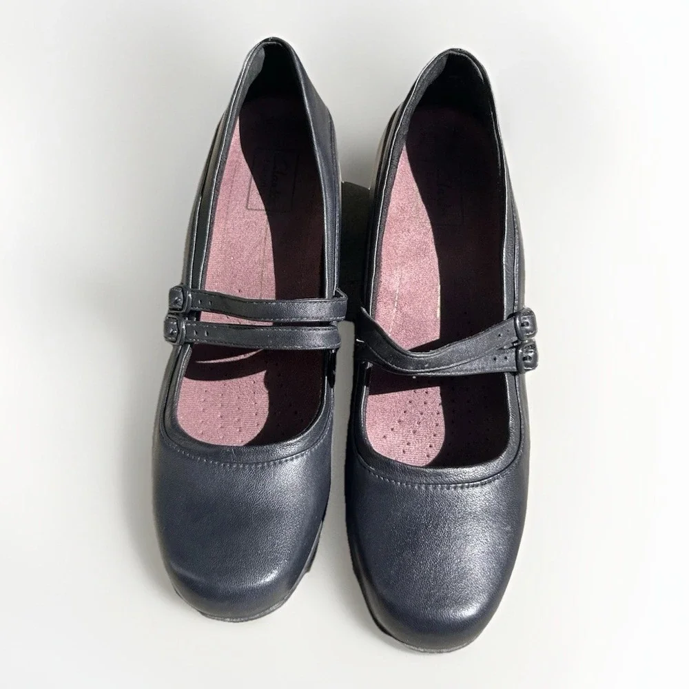 Clarks Womens Sugar Dust Mary‎ Jane Pump Size 9 M Navy Blue Low Block Heel Shoes